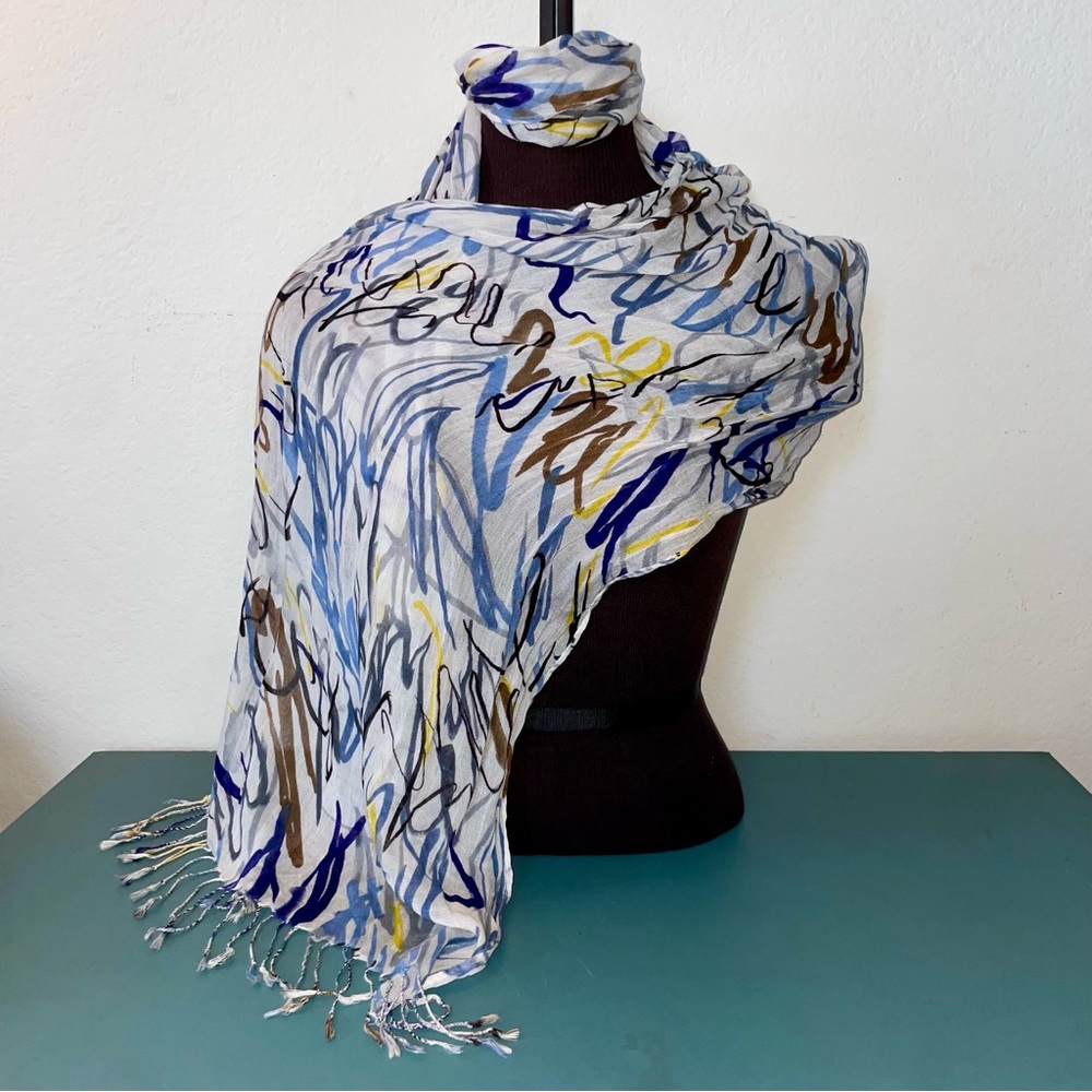 Wide Abstract Playful Print Thin Knit Scarf Shawl w tassels Brown Blue White